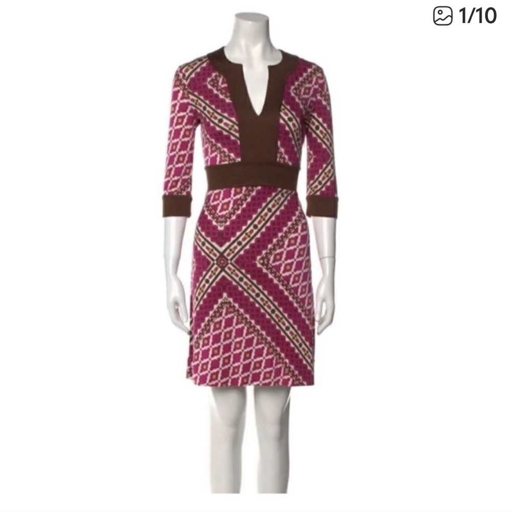 Tory Burch 100% Silk Jersey Tunic Pink Geometric Design Dress Size XS